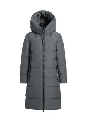 Szürke puffkabát nagy, hajtható kapucnival, cipzáras elülső záródással, két oldalzsebbel és vízszintes steppeléssel az egész felületen.