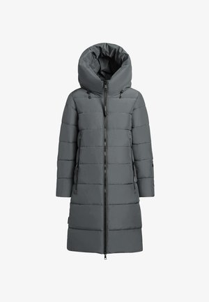 Gray puffer coat with a large, foldable hood, zip front closure, two side pockets, and horizontal quilted pattern throughout.