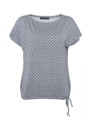 Bluse mit kurzen Ärmeln, blau-weißem Kreis-Muster, rundem Ausschnitt und verstellbarem Bindeband am Saum auf der rechten Seite.