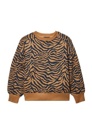 Sweat-shirt marron à col rond avec motif rayures de tigre noires, poignets et ceinture côtelés.