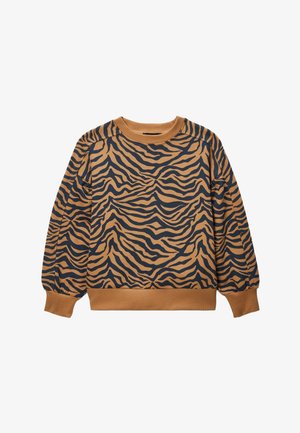 Sweat-shirt marron à col rond avec motif rayures de tigre noires, poignets et ceinture côtelés.