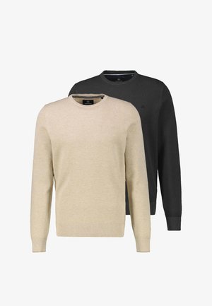 To ensfarvede crewneck-trøjer, den ene beige forrest og den anden sort bagved, begge med subtilt tekstureret stof og lange ærmer.