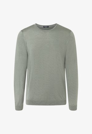 Maglione grigio chiaro a maniche lunghe con girocollo, polsini e orlo a coste, mostrato su sfondo bianco.