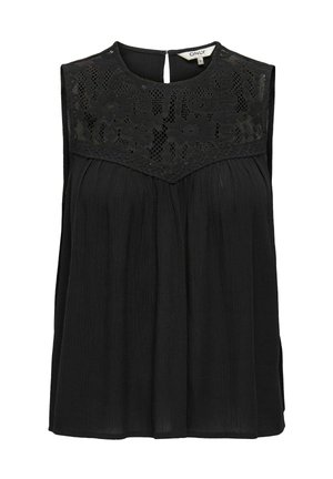 Czarna bezrękawnikowa bluzka z fakturowaną koronką na karczku z falbaniastym wykończeniem, plisy w korpusie i zapięciem typu łezka z tyłu.