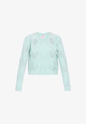 Light turquoise knitted cardigan with round neck; features textured patterns and bobbles, button closure, and ribbed cuffs and hem.