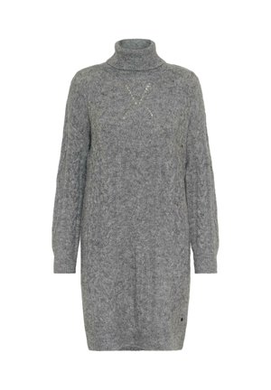 Gray knitted sweater dress with a high neck, loose sleeves, and a textured pattern. Features a subtle decorative X in light thread.