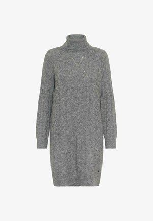 Szara dzianinowa sukienka sweterkowa z wysokim kołnierzem, luźnymi rękawami i teksturowanym wzorem. Posiada subtelny dekoracyjny X w jasnym przędzie.