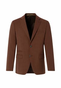 Brauner maßgeschneiderter Blazer aus strukturiertem Stoff mit Reverskragen, zwei vorderen Taschen und einem einzelnen Knopfverschluss. Futter im Inneren.