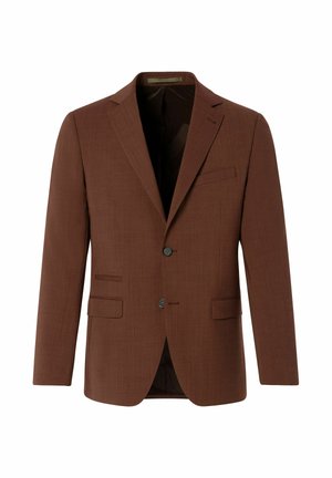 Brauner maßgeschneiderter Blazer aus strukturiertem Stoff mit Reverskragen, zwei vorderen Taschen und einem einzelnen Knopfverschluss. Futter im Inneren.
