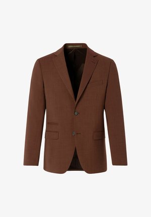 Bruine getailleerde blazer van geweven stof met gel visite aangeklede revers, twee voorkoffers en een enkele knoopsluiting. Gevoerde binnenkant.