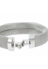 Bracciale in rete d'argento con un design flessibile, dotato di meccanismo di chiusura e tappi arrotondati. La texture è liscia e metallica.