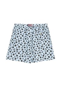 Boxers bleu clair avec un motif répété de disques noirs et de visages de panda blancs, dot�és d'une ceinture élastique et d'une seule poche arrière.