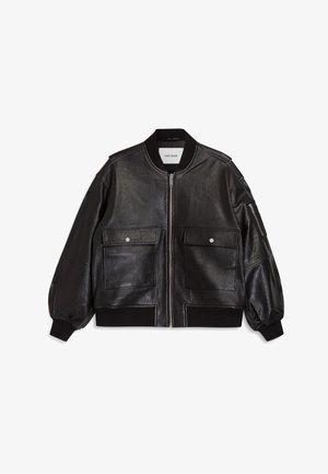 Black leather bomber jacket with a zip front, ribbed cuffs, and two large front pockets. Features a textured surface and fitted design.