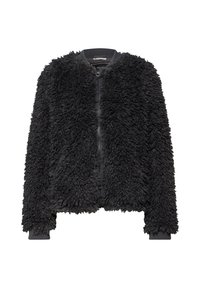 Giacca bomber nera pelosa con esterno testurizzato e spettinato, polsini e colletto a costine e cerniera frontale. Materiale morbido con vestibilità oversize.