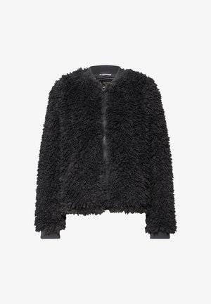 Sort, blød bomberjakke med en tekstureret, lurvet yderside, ribbede manchetter og krave samt en lynlås foran. Blødt materiale med en oversized pasform.
