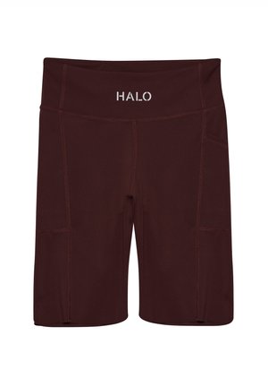 Bordowe spodenki sportowe z wysokim stanem, z logo "HALO" w kolorze białym, kieszeniami po bokach i kontrastowym stebnówką. Gładki, elastyczny materiał.