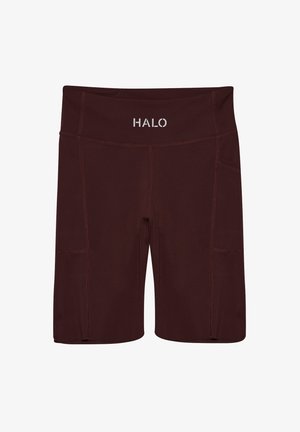 Bordowe spodenki sportowe z wysokim stanem, z logo "HALO" w kolorze białym, kieszeniami po bokach i kontrastowym stebnówką. Gładki, elastyczny materiał.