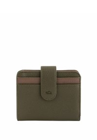 Portefeuille en cuir vert avec une finition texturée, une rayure rose contrastante en haut et une fermeture à pression ronde. Design rectangulaire compact.