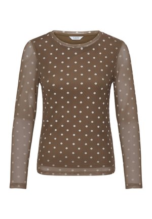 Rjava prosojna bluza z dolgimi rokavi z belimi pikami, okroglim izrezom in oprijetim silhuetom.