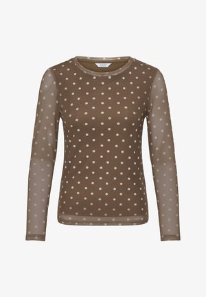 Rudas, ilgomis rankovėmis permatomas marškinėliai su baltais taškeliais, apvalia iškirpte ir aptemptu siluetu.