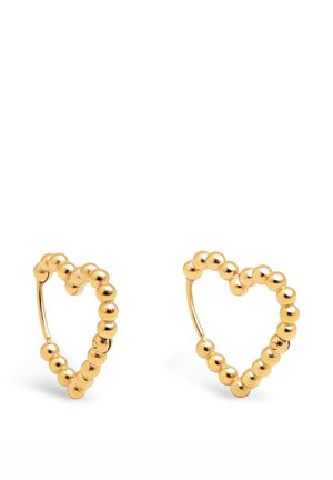 Gold-tone heart-shaped hoop earrings made of small round beads, displayed on a white background.