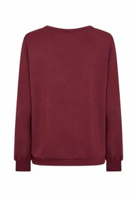 Burgundský pulóver so širokými rukávmi, okrúhlym výstrihom a rebrovanými manžetami. Hladká textúra bez viditeľných ozdôb a v jednotnej farbe.