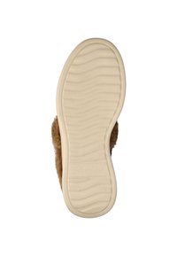 Schoenzool, lichtbeige kleur met gestructureerde groeven, vlak ontwerp, gelabeld "Skechers." Zachte bruine bont bovenkant zichtbaar rond de randen.