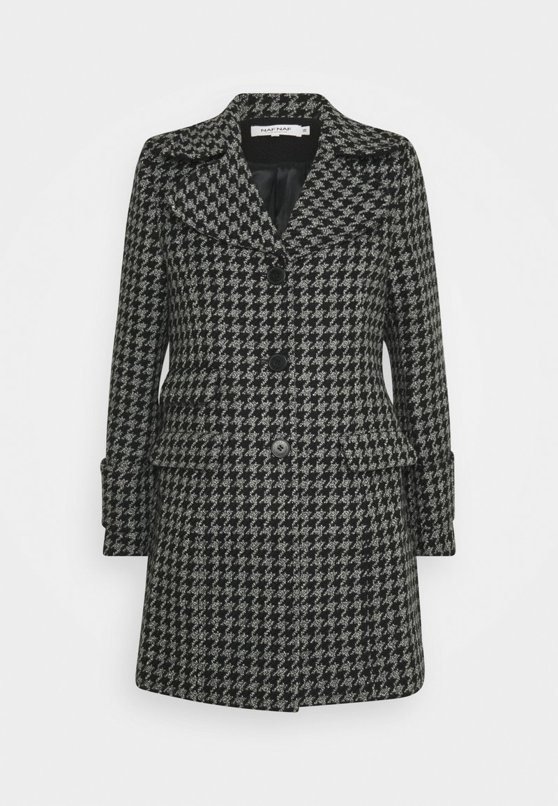 Manteau pour femme à motif pied-de-poule noir et blanc, grands revers, trois boutons sur le devant, poches latérales et manches longues.