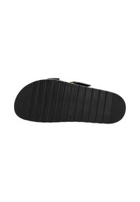 Suela de zapato de goma negra con una superficie texturizada que presenta estrías y bordes horizontales para mayor tracción; punta redondeada y forma plana.