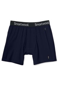 Navy blue boxer briefs made from a soft fabric, featuring a gray Smartwool branded waistband and a small colorful accent at the leg.