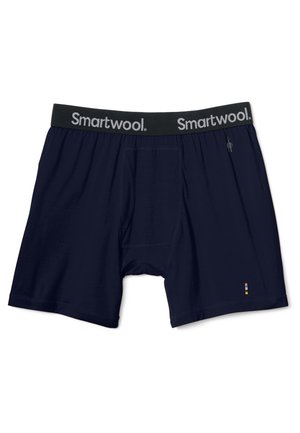 Marineblaue Boxershorts aus einem weichen Stoff, mit einem grauen Smartwool-Logo-Bund und einem kleinen bunten Akzent am Bein.