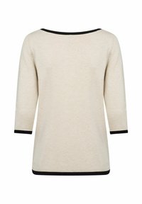 Beige 3/4-sleeve top with a wide neckline, featuring black trim along the neckline and sleeves, made of a soft knit material.