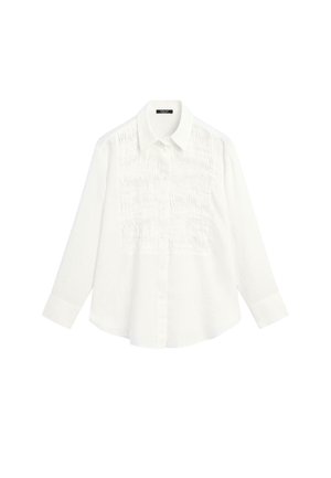 Camicia bianca a maniche lunghe con bottoni, colletto appuntito e dettagli plissettati sul pannello frontale.