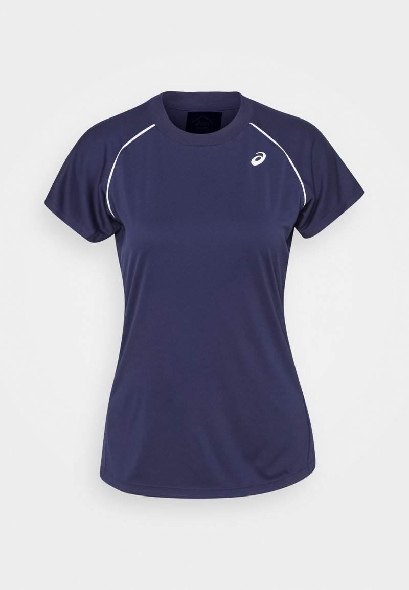 T-shirt de sport bleu marine à manches courtes avec passepoil blanc aux épaules et petit logo blanc Asics sur le côté droit de la poitrine.
