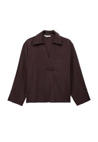 Blusa de manga larga de color marrón oscuro con puños anchos, escote en V abierto y cuello, mostrada sobre un fondo blanco.