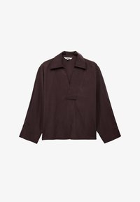 Blusa de manga larga de color marrón oscuro con puños anchos, escote en V abierto y cuello, mostrada sobre un fondo blanco.