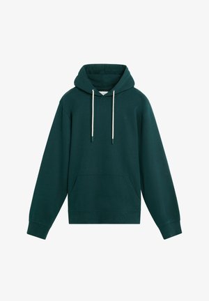 Dark green hoodie made of soft fabric with a front pocket, drawstring hood, and ribbed cuffs. Simple design with minimal branding.