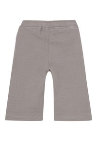 Grijze geribbelde gebreide babybroek met brede pijpen en elastische tailleband, vlak weergegeven op een witte achtergrond.