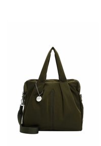 Olive green nylon handbag with dual top handles, detachable shoulder strap, front pleat detail, and silver-tone logo charm.