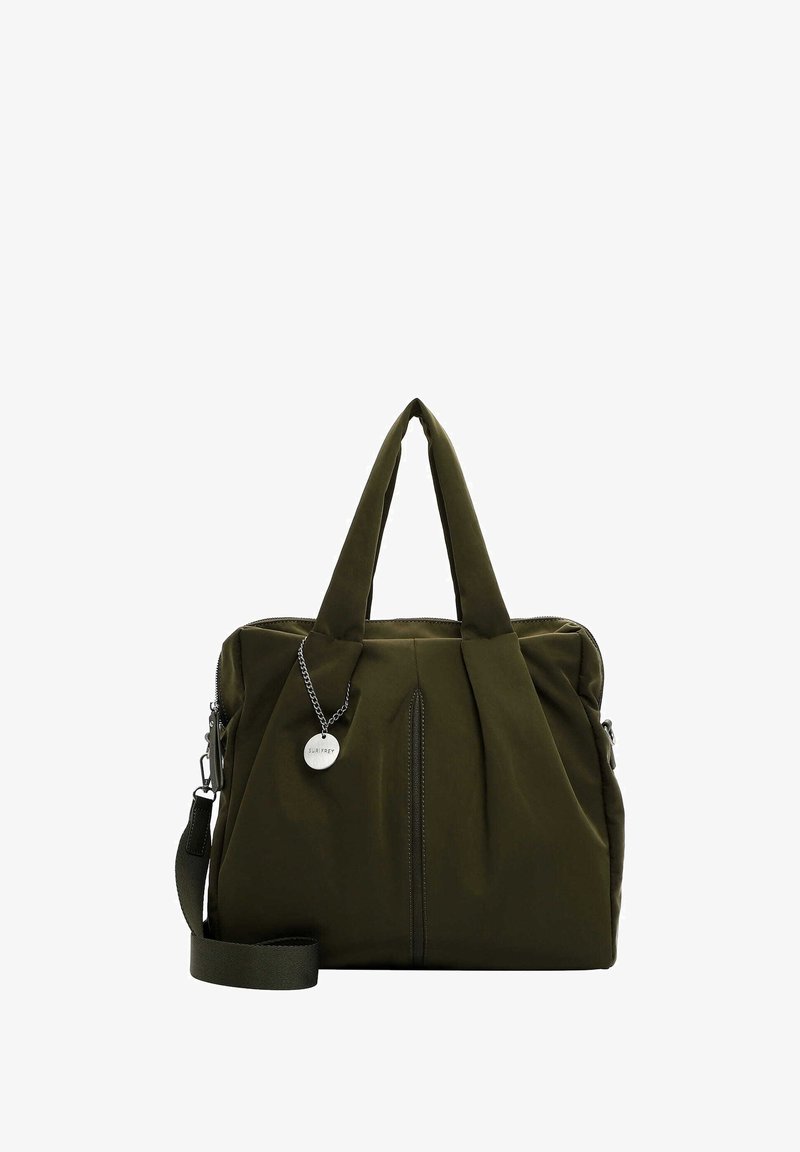 Olijf groene nylon handtas met dubbele handvatten aan de bovenkant, afneembare schouderriem, plooidetail aan de voorkant en een zilverkleurige logo charm.