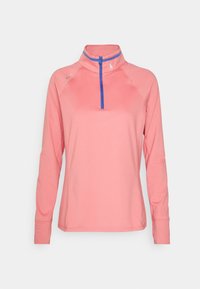 Svetr s dlouhým rukávem a půl zipem v korálově růžové barvě s modrým zipem a límcem. Měkký, lehký materiál s atletickým střihem a jemným logem.