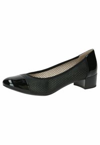 Bailarinas de charol negro con un diseño perforado, que presentan una puntera redondeada y un tacón bajo y cuadrado. La textura suave contrasta con las perforaciones.