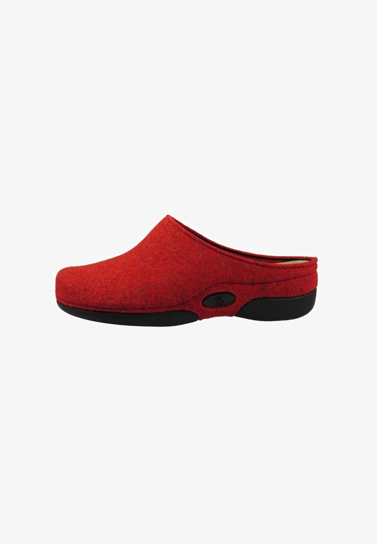Red slip-on clog-style slipper with black sole and small black button detail on the side, shown from the outer side.