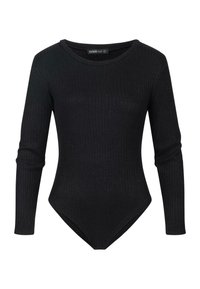Schwarzer gerippter langärmeliger Body mit U-Bootausschnitt und hochgeschnittenen Beinausschnitten, der eine enge Silhouette und eine weiche Textur aufweist.