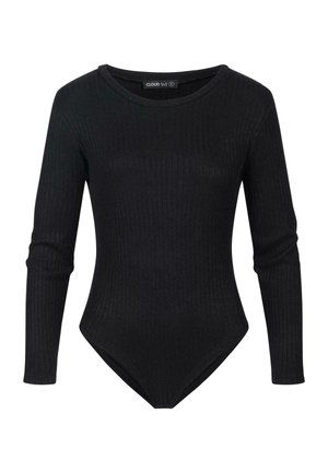 Body noir à manches longues côtelé avec un décolleté arrondi et des ouvertures de jambe hautes, présentant une silhouette ajustée et une texture douce.