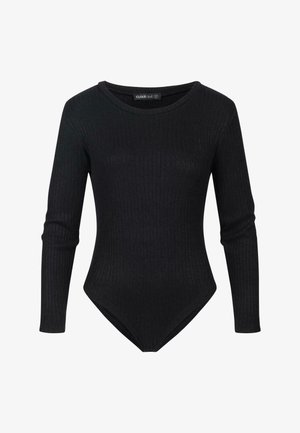 Body a maniche lunghe nero a coste con scollatura a girocollo e aperture alte per le gambe, caratterizzato da una silhouette aderente e una texture morbida.