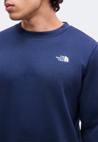 Gros plan d'une personne portant un sweat-shirt bleu marine avec un logo blanc The North Face sur la poitrine.