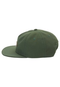 Green cotton cap with a flat brim, featuring contrasting blue stitching and a round patch on the front. Structured design with six panels.