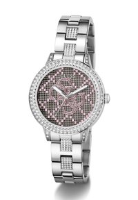 Silver wristwatch with a round face, pink and gray patterned dial, embellished with crystals, and a metal link bracelet.
