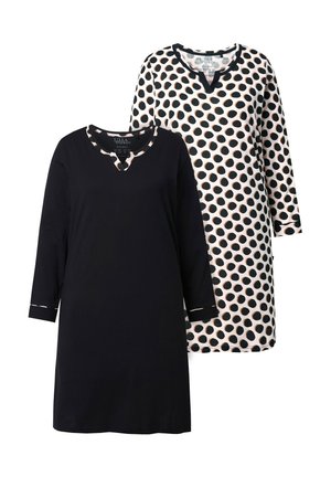 Zwei Tuniken: eine einfarbig schwarz mit V-Ausschnitt und Dreiviertelärmeln; die zweite hat einen weißen Hintergrund mit großen schwarzen Polka-Dots.